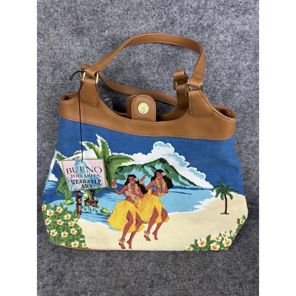 Bueno Shoulder Bag Tote Womens Blue Hawaiian Beach Hula Print Faux Leather Trim - Picture 1 of 7